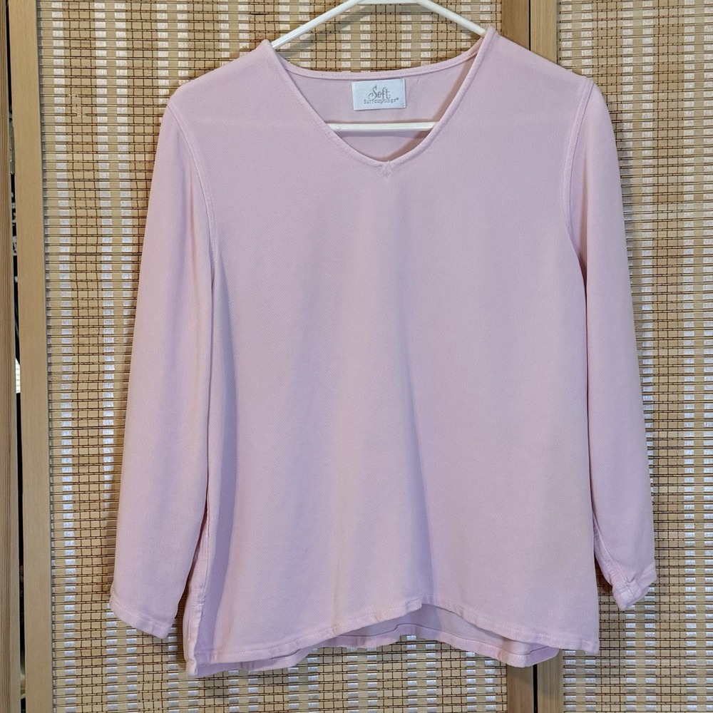 Soft Surroundings Womens L Top Baby Pink V Neck 3/4‎ Sleeves 100% Tencel USA